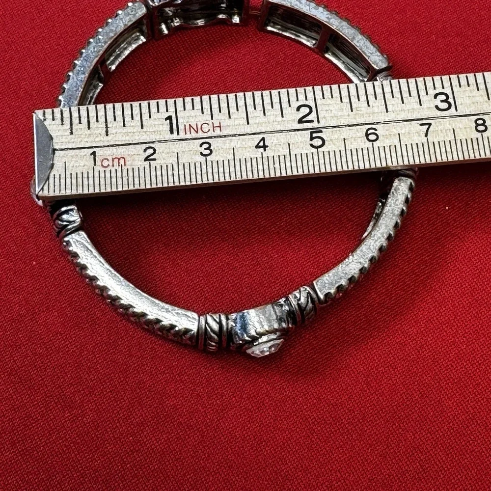 Silver Tone Elastic Braided Bracelet With Faux Diamonds‎